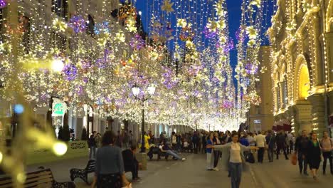 Nikolskaya-street,-Moscow,-Russia.-Night-walk-on-the-illuminated-street