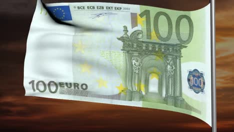 Bandera-de-100-euros-en-el-fondo-del-cielo-al-atardecer