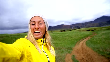 Selfie-portrait-of-tourist-female-in-Iceland-SLOW-MOTION