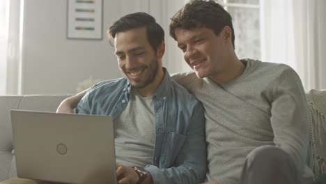 Cute-Male-Gay-Couple-Spend-Time-at-Home.-They-Sit-on-a-Sofa-and-Use-the-Laptop.-They-Browse-Online.-Partner's-Hand-is-Around-His-Lover.-They-Give-Each-Other-a-High-Five.-Room-Has-Modern-Interior.