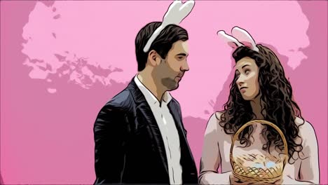 Young-couple-standing-standing-on-pink-background.-With-a-bunny-ears-on-the-head.-During-this-man-gives-his-wife-a-basket-of-colored-eggs.-Easter-Concept.-Animation