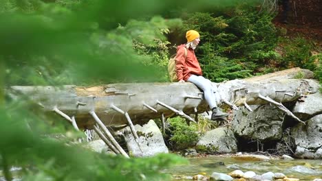 Buena-chica-turista-en-un-sombrero-y-con-una-mochila-sentada-en-un-tronco-acostado-en-el-bosque