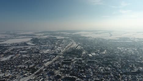 Aerial-Old-City-Sambir,-Ukraine.-Panorama-500-meters-height-European-City.-Densely-populated-areas-of-the-city.-View-of-the-area-of-the-old-European-town-with-the-town-hall