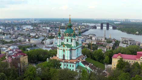 Aerial-view-of-St.-Andrew’s-Church,-historical-center,-Podolsky-district,-Kyiv,-Ukraine