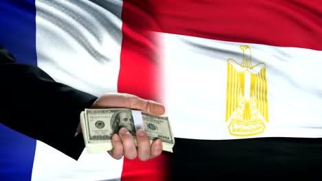 France-and-Egypt-officials-exchanging-tank-for-money,-flag-background,-trade