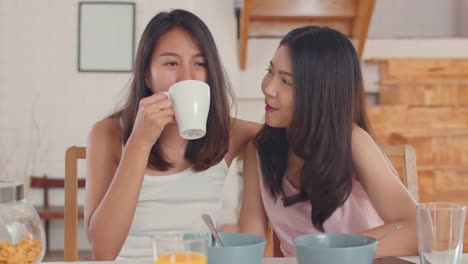 Asiática-pareja-lesbiana-sonrisa-dentada-mirando-a-la-cámara-mientras-desayuna-en-la-cocina-en-la-mañana.