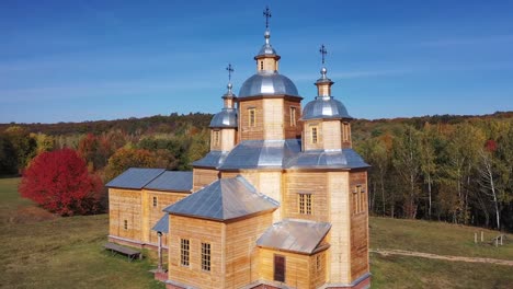 Aerial-view.-Wooden-orthodox-church.-Drone