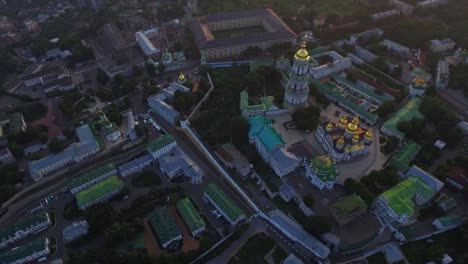 Aerial-view-architecture-Kiev-Pechersk-Lavra-on-Dnieper-in-evening-twilight