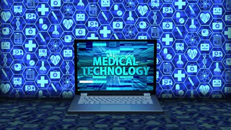 3D-Rendering-Laptop/Notebook-on-the-floor-with-Medical-Technology-on-the-screen-and-icon-set-Background-in-blue-color.-Seamless-loop.