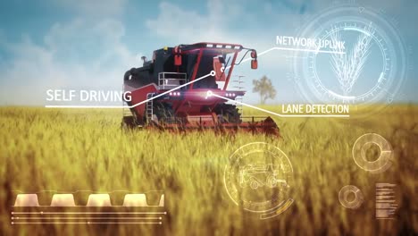 Industrial-3D-4K-60-fps-animation-with-digital-overlays-of-autopilot-harvester-combine-working-on-the-rural-field