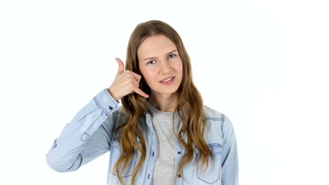 Call-Us-for-Help,-Beautiful-Woman-on-White-Background