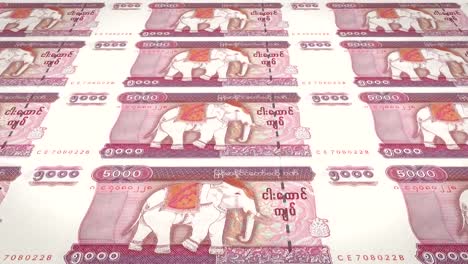 Banknoten-der-fünftausend-burmesische-Kyat-Myanmar-oder-Burma,-Bargeld,-Schleife