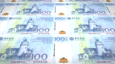 Banknotes-of-one-hundred-macanese-patacas-of-Macau-rolling,-cash-money,-loop