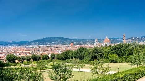 Schöne-Landschaft-oberhalb-Timelapse,-Panorama-auf-historischen-Blick-auf-Florenz-vom-Boboli-Gärten-Giardino-di-Boboli-zeigen.-Italien