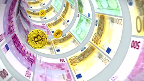 Bitcoins-Flug-durch-einen-Tunnel-aus-Euro-Scheine