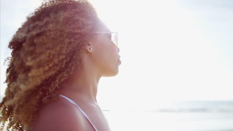 Portrait-of-Ethnic-female-wearing-sundress-on-beach