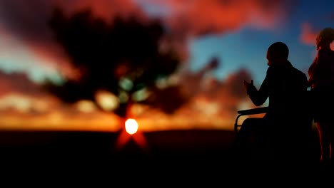 Senior-couple-enjoying-sunrise-on-green-meadow-with-oak-tree,-time-lapse-clouds,-panning