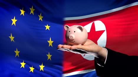 EU-investment-in-North-Korea,-hand-putting-money-in-piggybank-on-flag-background