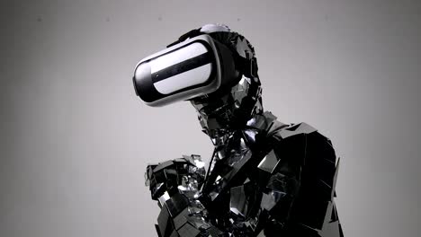 Futuristic-Robot-in-mirror-costume-vorking-with-virtual-interface,-touching-interface-by-index-finger.