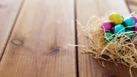 chocolate-easter-eggs-in-straw-nest-on-table