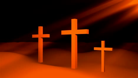 Three-christian-crosses-are-on-ground-and-sun-rays,-resurrection-Easter-conceptual-art,-3d-render