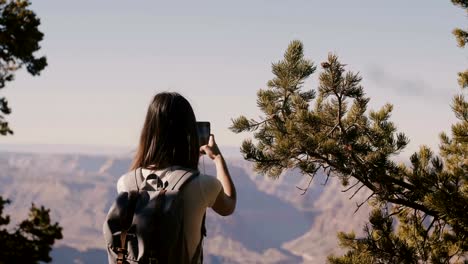 Vista-de-vuelta-feliz-mujer-turista-senderismo,-tomando-foto-del-teléfono-inteligente-del-increíble-paisaje-de-montaña-del-Parque-Nacional-del-gran-cañón.