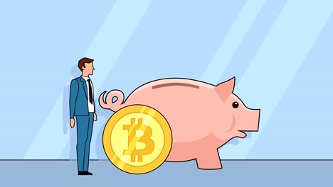 Flat-cartoon-businessman-character-roll--pushes-coin-to-the-piggy-bank-bitcoin-money-concept-animation