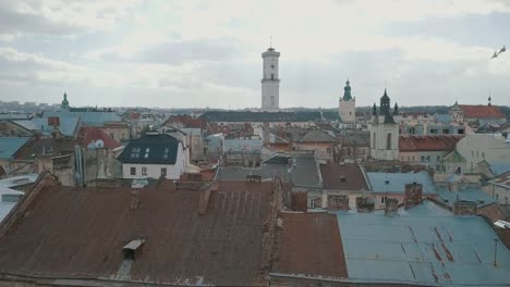 Aerial-City-Lviv,-Ukraine.-European-City.-Popular-areas-of-the-city.-Rooftops