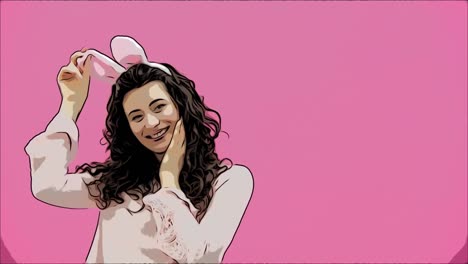 Festive-Easter-holiday-season.-Smiling-young-woman-in-Easter-bunny-ears-on-pink-background-jumping-and-looking-at-copy-space.