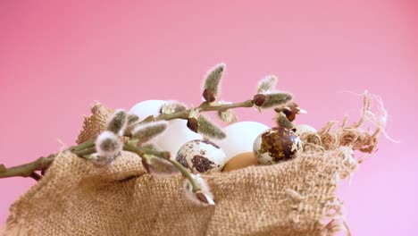 Easter-eggs-on-a-pink-background-with-a-sprig-of-willow