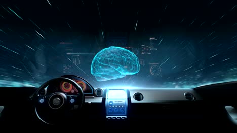 Inside-of-Future-hybrid-cars,-Rotating-digital-brain-shape,-grow-artificial-intelligence.