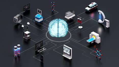 Various-Smart-health-care-devices,-Medical-Equipment-connecting-digital-brain,-artificial-intelligence.-mri-scanner,-ct,-x-ray.-4k.-gray-back