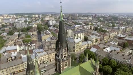 Aerial-view-of-the-Church-Of-St.-Elizabeth-In-Lviv,-Ukraine