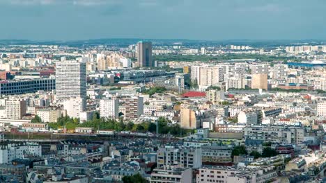 Panorama-von-Paris-Timelapse,-Frankreich.-Draufsicht-vom-Heiligen-Herzen-Basilika-des-Montmartre-Sacre-Coeur