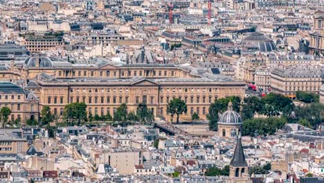 Top-view-of-Paris-skyline-from-observation-deck-of-Montparnasse-tower-timelapse.-Main-landmarks-of-european-megapolis.-Paris,-France