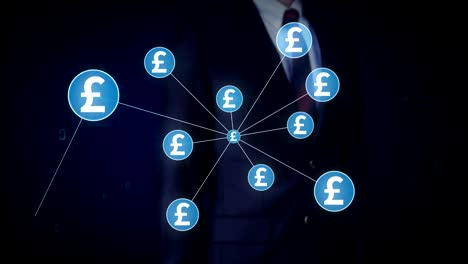 Businessman-touching-Pound-currency-symbol,-Numerous-dots-gather-to-create-a-Pound-currency-sign,-dots-makes-global-world-map,-internet-of-things.-financial-technology