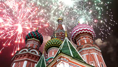 Cathedral-of-Intercession-of-Most-Holy-Theotokos-on-the-Moat-(-Temple-of-Basil-the-Blessed)-and-fireworks,--Red-Square,-Moscow,-Russia