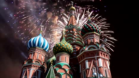 Cathedral-of-Intercession-of-Most-Holy-Theotokos-on-the-Moat-(-Temple-of-Basil-the-Blessed)-and-fireworks,--Red-Square,-Moscow,-Russia