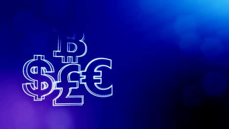 Symbol-Bitcoin-Dollar-Euro-Pfund.-Finanzieller-Hintergrund-aus-Glühen-Teilchen-als-Vitrtual-Hologramm.-Nahtlose-3D-Animation-mit-Tiefe-des-Feldes,-Bokeh-und-Kopie-Raum.-Blaue-Farbe-v2.