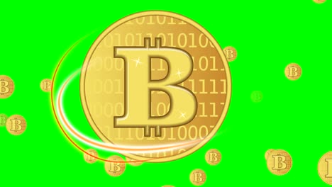 Bitcoin-animation,-golden-cryptocurrency-coin-symbol,-fiery-ellipses-around-the-coin,-flying-another-coins-on-background,-footage-on-green-screen