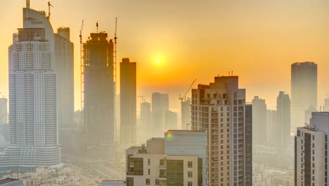 Foggy-morning-sunrise-in-downtown-of-Dubai-timelapse