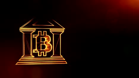 Zeichen-der-Bitcoin-Logo-in-das-Bankgebäude.-Finanzieller-Hintergrund-aus-glühen-Teilchen-als-Vitrtual-Hologramm.-Glänzende-Schleife-3D-Animation-mit-Tiefe-Feld,-Bokeh-und-Kopie.-Dunkle-V4