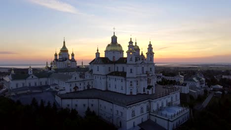 Aerial-view-of-Holy-Dormition-Pochayiv-Lavra,-an-Orthodox-monastery-in-Ternopil-Oblast-of-Ukraine.-Eastern-Europe