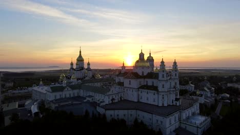 Aerial-view-of-Holy-Dormition-Pochayiv-Lavra,-an-Orthodox-monastery-in-Ternopil-Oblast-of-Ukraine.-Eastern-Europe