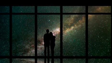 The-man-and-woman-standing-near-windows-on-a-meteor-shower-background