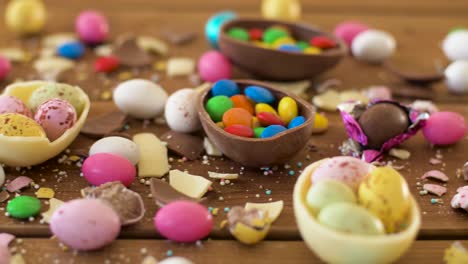 chocolate-easter-eggs-and-drop-candies-on-table