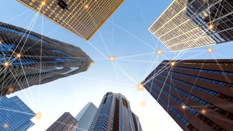 Digital-data-network-connection-lines-of-architectures,-skyscraper-buildings-in-futuristic-technology-concept.-Singapore-City-with-blue-sky.