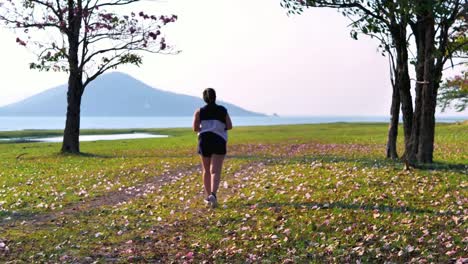 Eine-fette-asiatische-Frau,-die-abends-im-natürlichen-Sonnenlicht-joggt.
Sie-versucht,-mit-Übung-Gewicht-zu-verlieren.--Konzept-Gesundheit-mit-Bewegung.-Zeitlupe