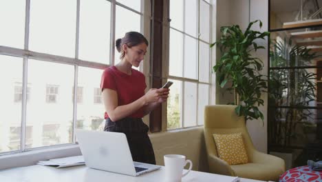 Young-Hispanic-woman-standing-by-the-window-in-a-creative-office-using-smartphone,-close-up