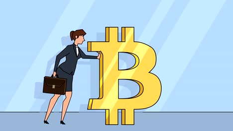 Flat-cartoon-businesswoman-character--with-case-bag-pushes-a-bitcoin-sign-money-concept-animation-with-alpha-matte